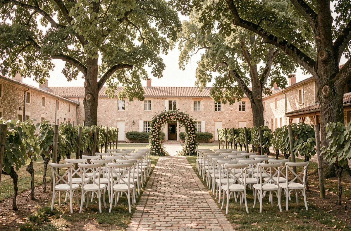 Cour extérieure du Domaine des Clos Vallées décorée pour une cérémonie de mariage avec chaises blanches et arche florale