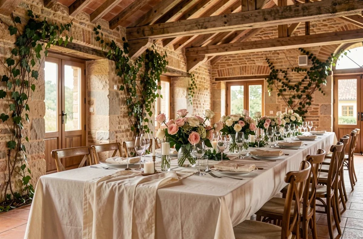 Intérieur de réception au Domaine Les Hauts Grès avec murs en pierre, poutres en bois et tables décorées de roses blanches
