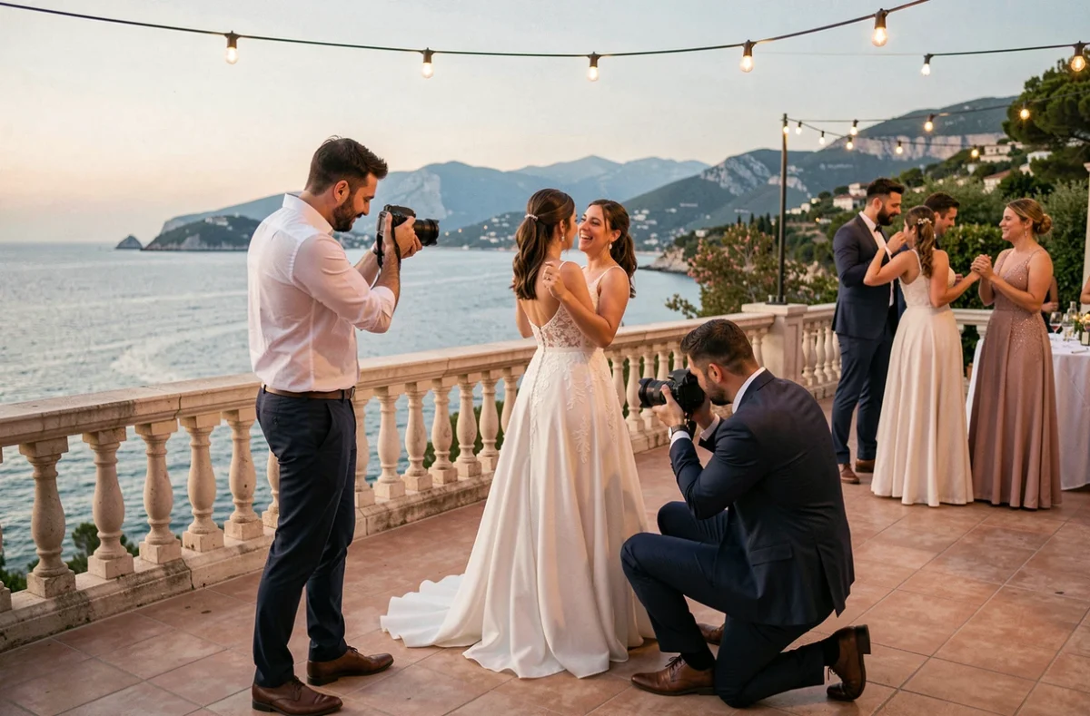 Duo de photographes de mariage mari et femme travaillant ensemble lors d'une réception sur une terrasse avec vue sur la mer