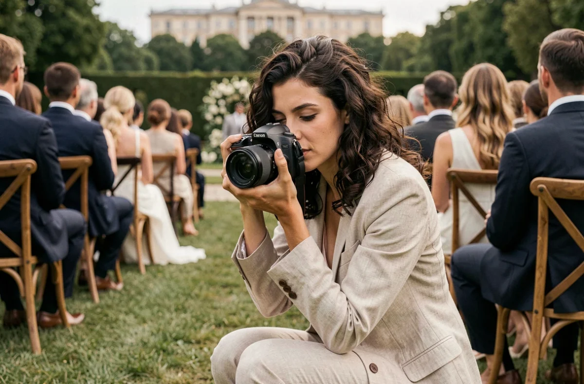 Emilia Arce, photographe de mariage professionnelle en action lors d'une cérémonie en plein air dans les Yvelines