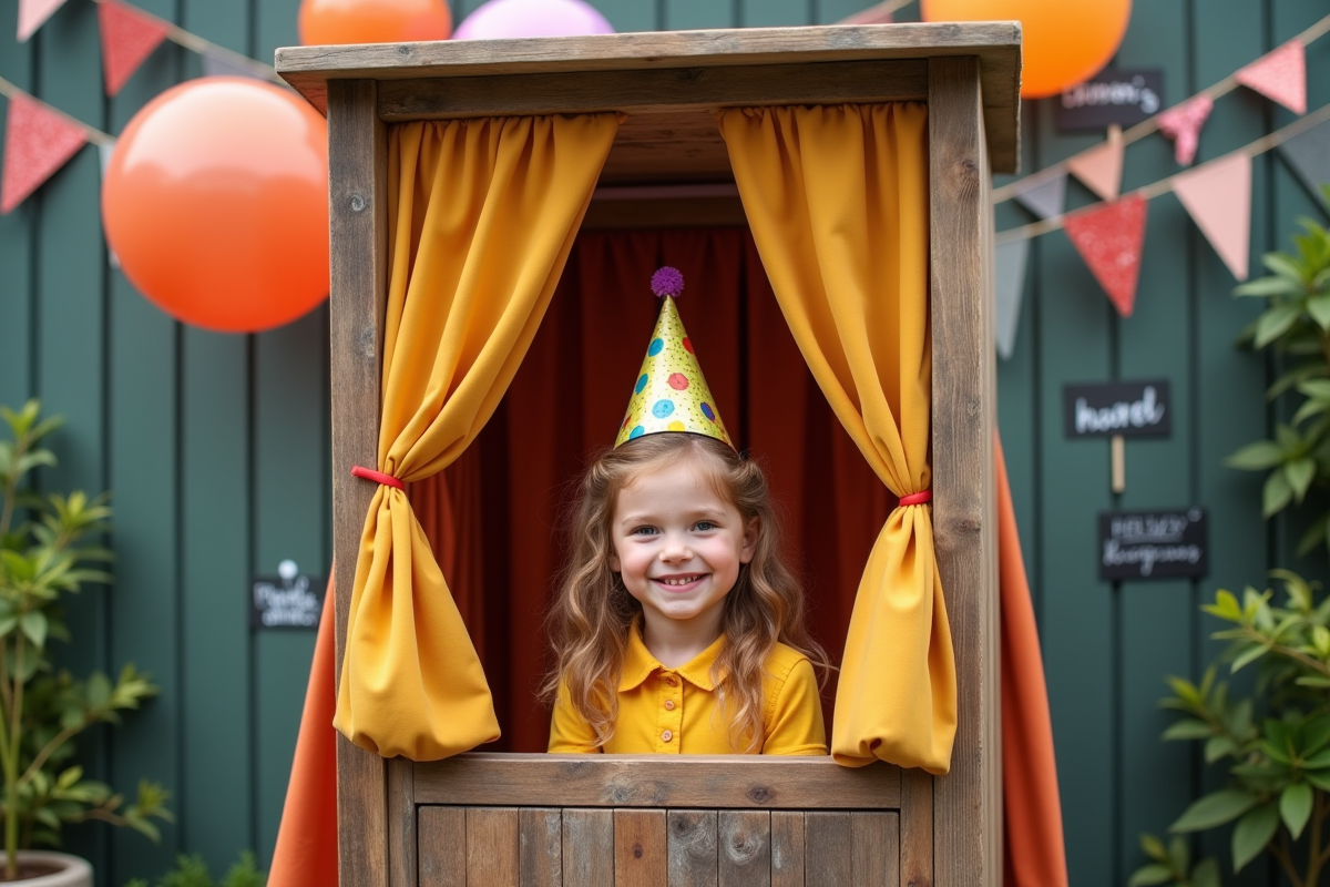 Enfant souriant dans une cabine photo extérieure