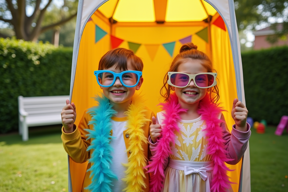 Enfants avec accessoires dans un photobooth extérieur