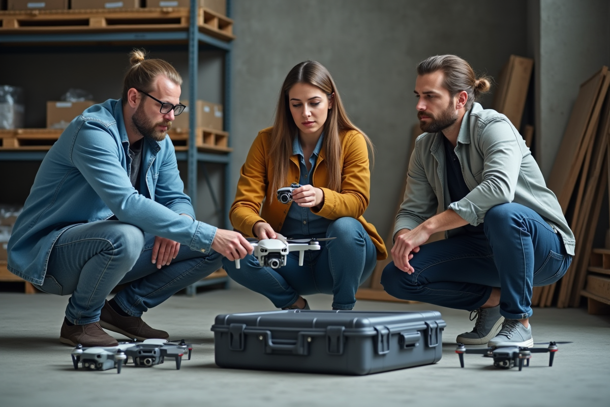 Groupe de personnes assemblant des drones en atelier