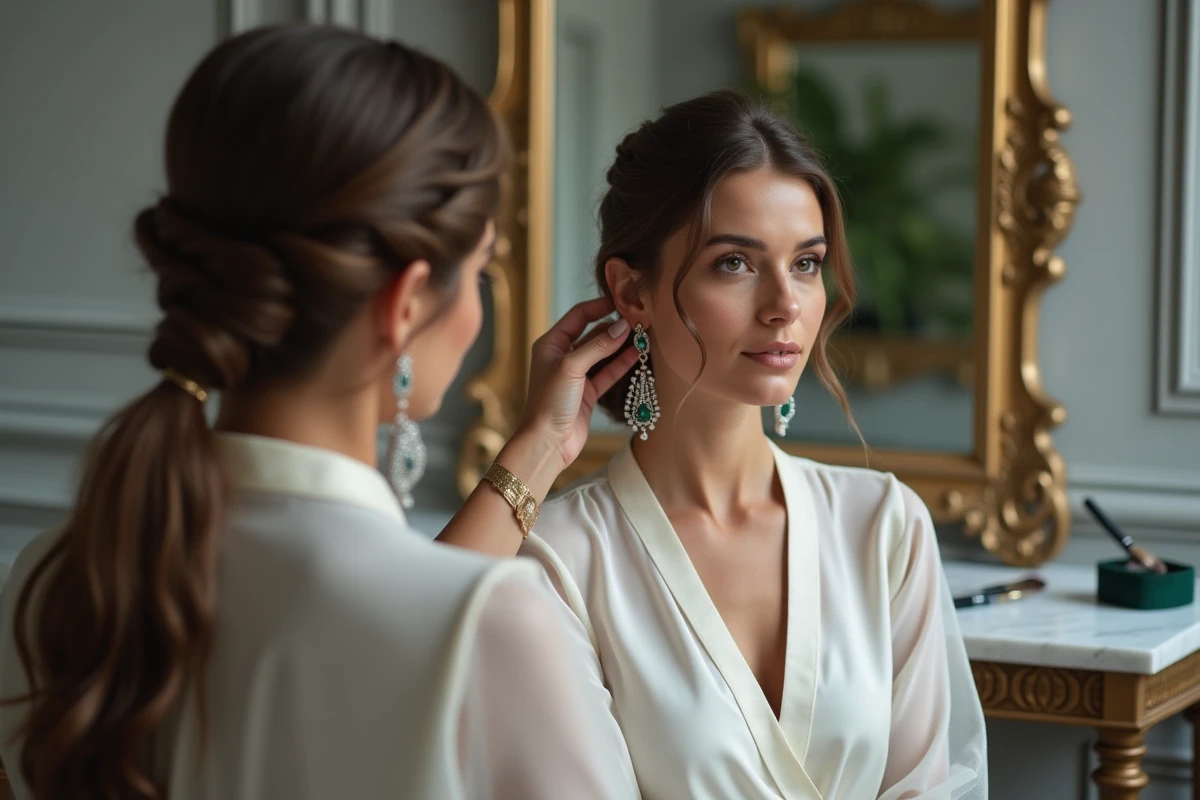 Essayage d'une boucle d'oreille pendante vintage émeraude pour mariage dans un salon de coiffure parisien