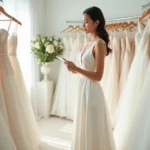 Mariée essayant des robes dans une boutique de mariage en tenant un carnet de budget