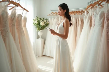 Mariée essayant des robes dans une boutique de mariage en tenant un carnet de budget