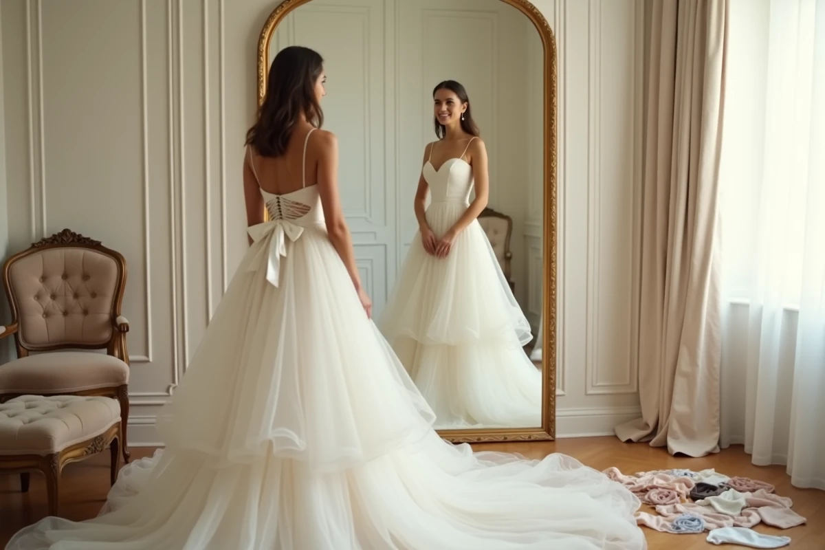 Femme essayant une robe de mariée princesse à jupe en organza devant un miroir doré dans une cabine d'essayage élégante