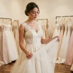 Jeune mariée en robe de mariée en dentelle ivoire dans une boutique de mariage élégante, explorant le prix et le style de sa robe de rêve