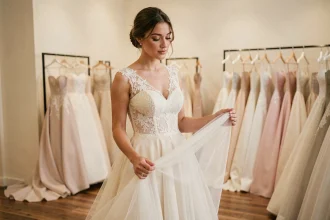 Jeune mariée en robe de mariée en dentelle ivoire dans une boutique de mariage élégante, explorant le prix et le style de sa robe de rêve