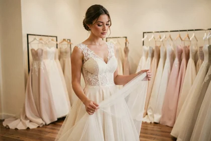 Jeune mariée en robe de mariée en dentelle ivoire dans une boutique de mariage élégante, explorant le prix et le style de sa robe de rêve