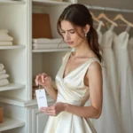 Jeune femme examinant attentivement l'étiquette de prix d'une robe de mariée en satin ivoire dans une boutique de mariage