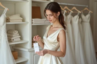 Jeune femme examinant attentivement l'étiquette de prix d'une robe de mariée en satin ivoire dans une boutique de mariage