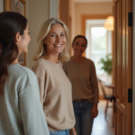 Femme accueillante souriante ouvrant la porte de son appartement