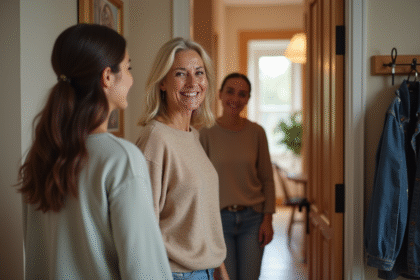 Femme accueillante souriante ouvrant la porte de son appartement