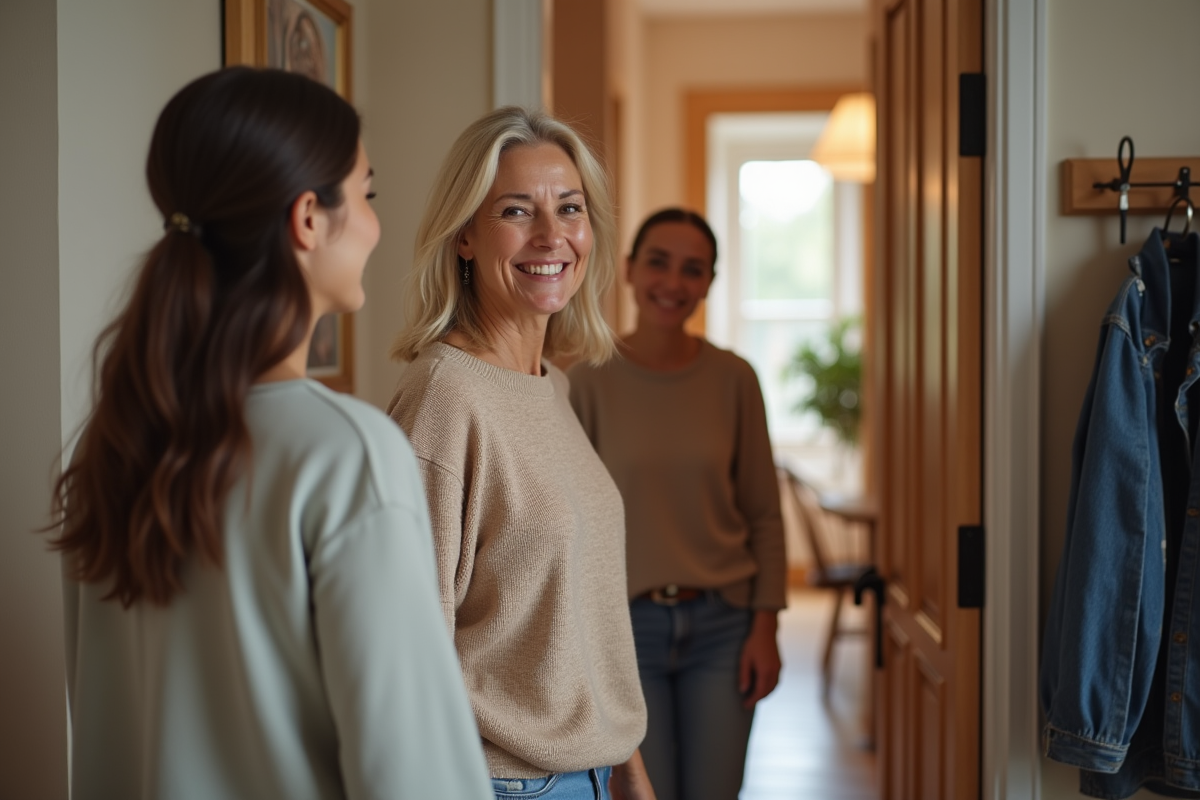 Femme accueillante souriante ouvrant la porte de son appartement