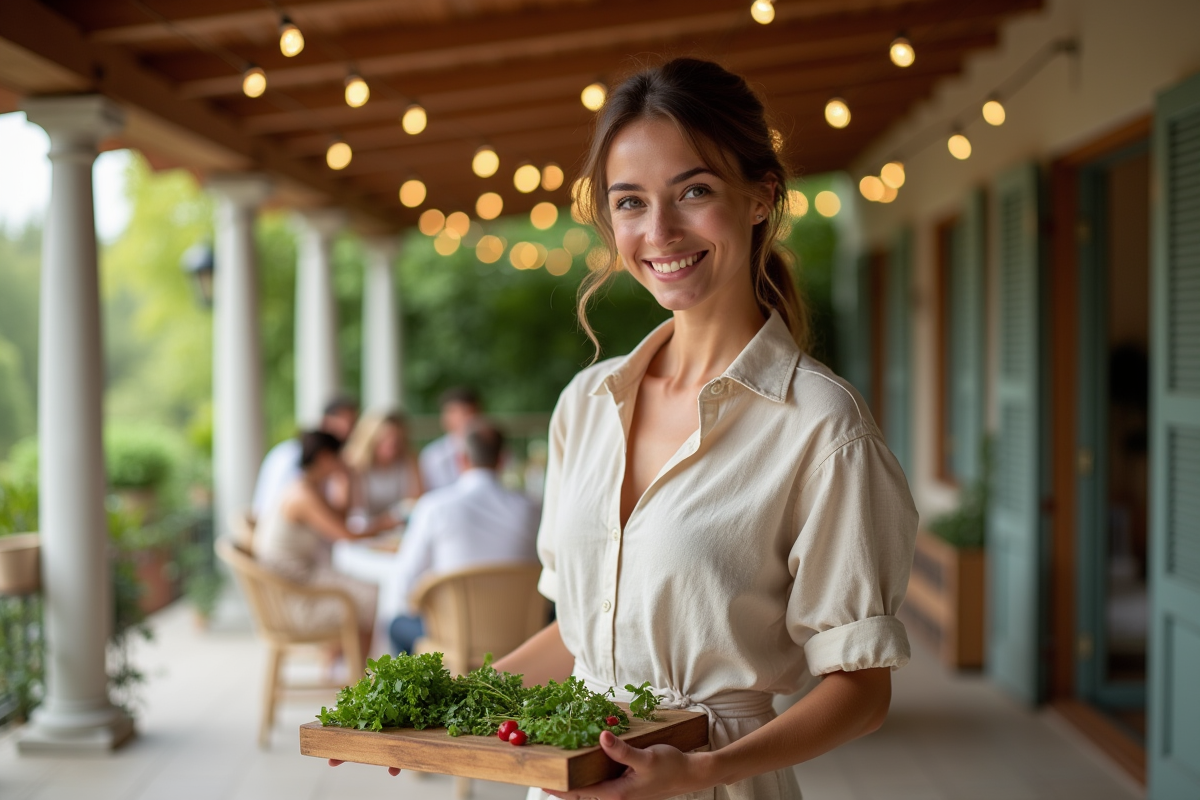 Jeune femme arrangeant des herbes sur un plateau dehors