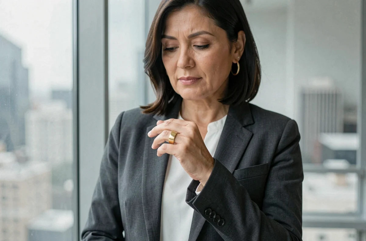Femme élégante examinant une bague à l'annulaire droit devant une fenêtre urbaine, symbolisant confiance et engagement personnel