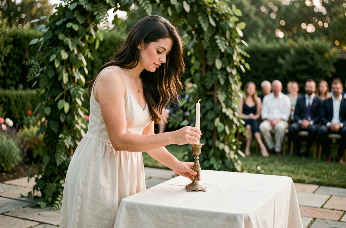 Femme en robe de lin crème plaçant une bougie sur la table de cérémonie laïque en plein air avec arche végétale