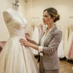 Femme essayant une robe de mariée sur mesure dans une boutique élégante