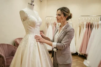 Femme essayant une robe de mariée sur mesure dans une boutique élégante