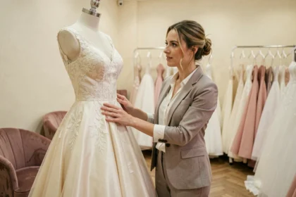 Femme essayant une robe de mariée sur mesure dans une boutique élégante