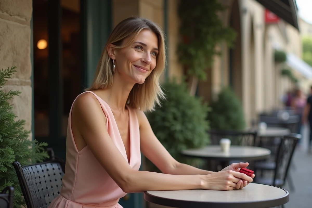 Femme élégante au café tenant une boîte à bague