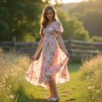 Jeune femme en robe fleurie dans un champ ensoleille