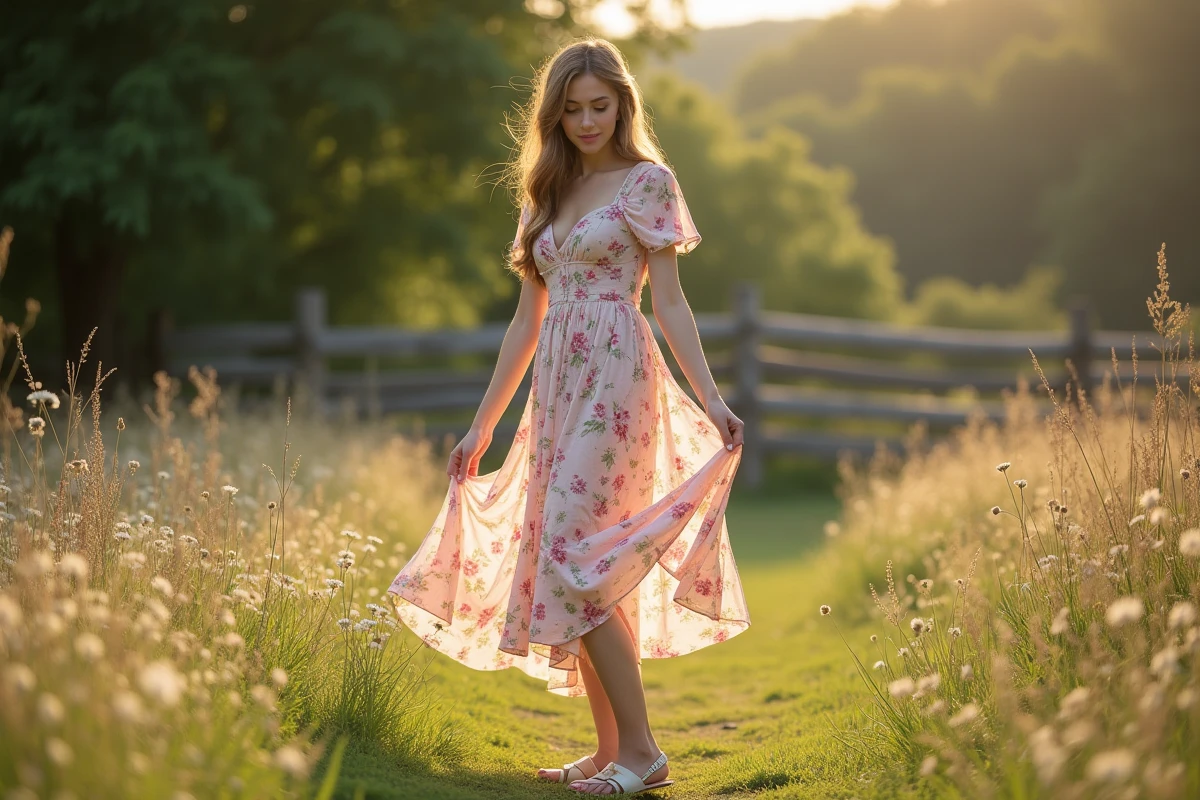 Jeune femme en robe fleurie dans un champ ensoleille