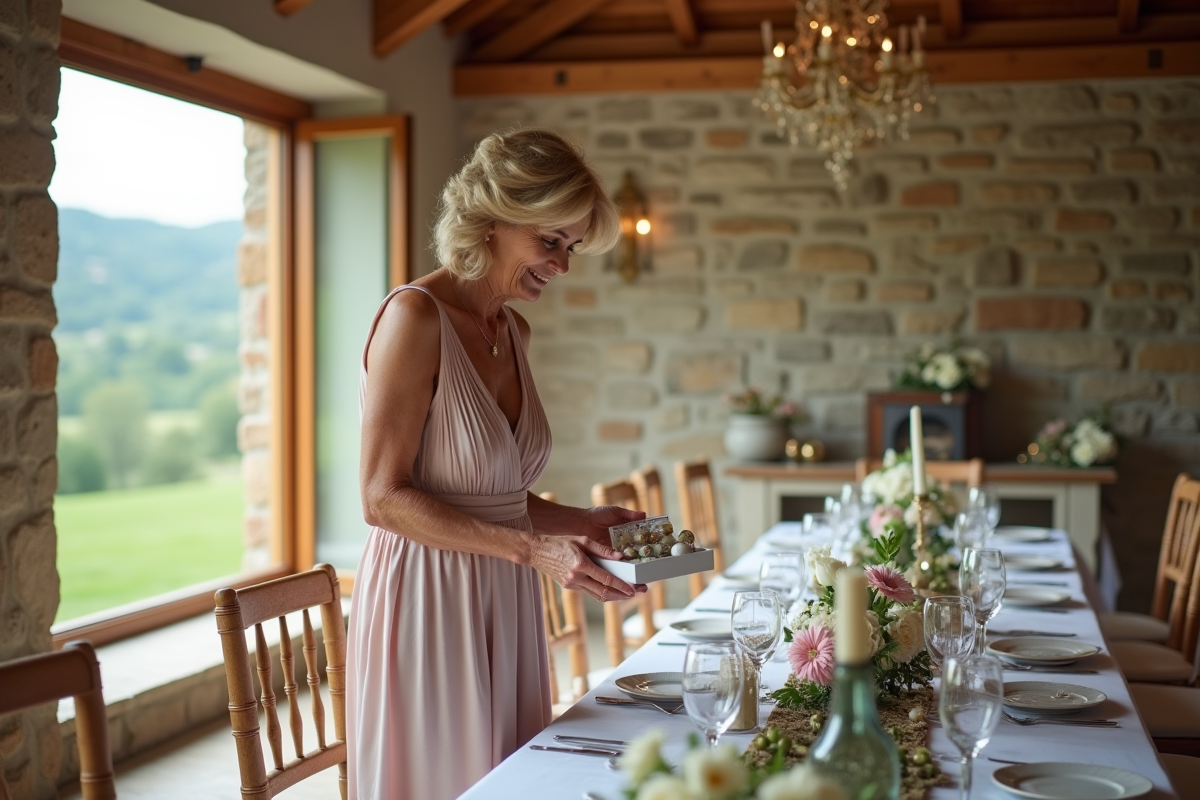 Femme posant une décoration florale sur une table de réception champêtre