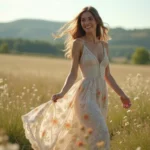 Jeune femme en robe florale dans un champ sauvage