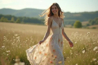 Jeune femme en robe florale dans un champ sauvage