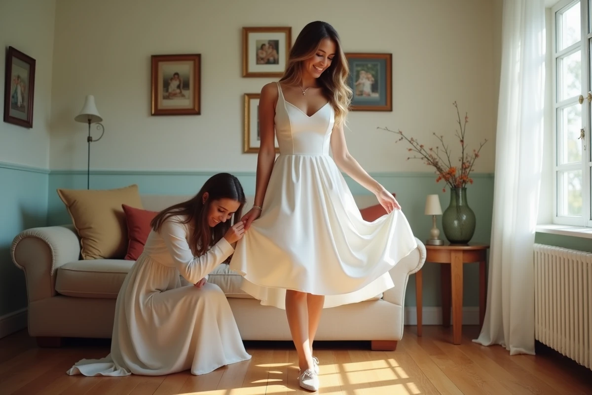 Femme ajustant sa robe de mariée dans un salon lumineux