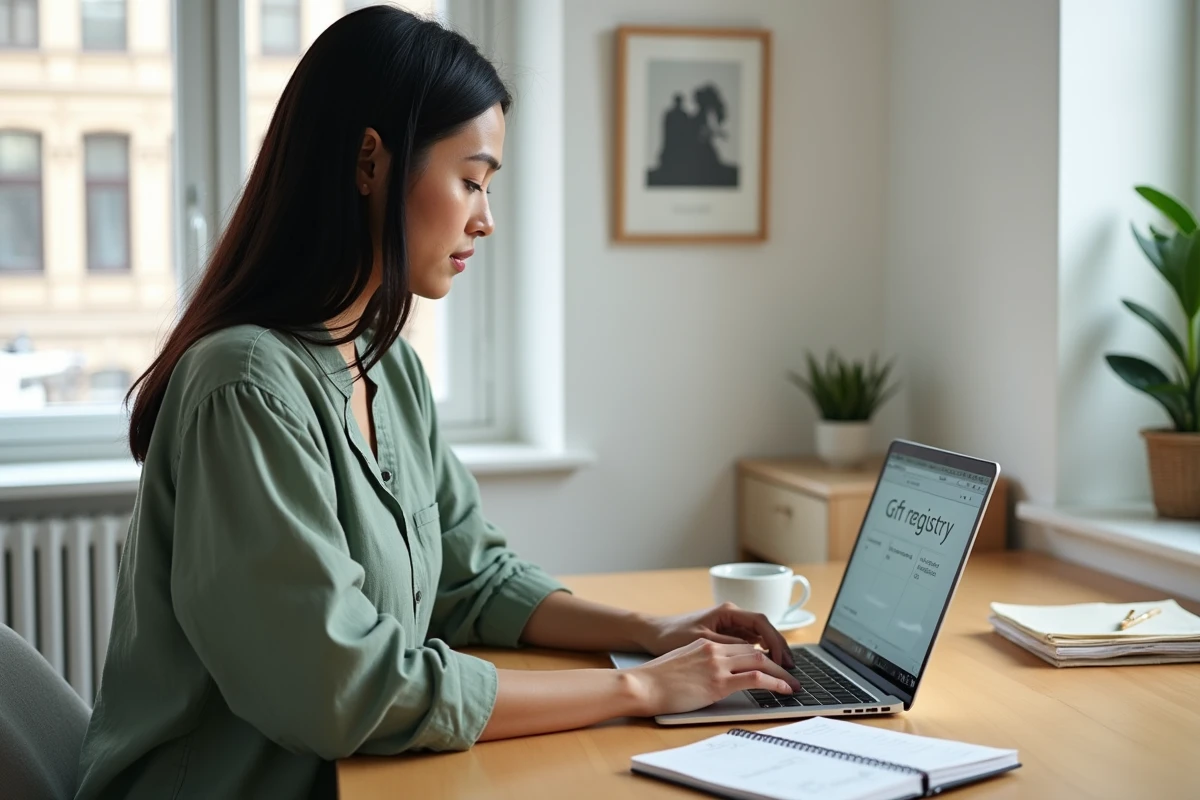 Femme consultant une liste de mariage et cadeaux de PACS sur un ordinateur portable dans un bureau moderne avec carnet de notes et tasse de thé