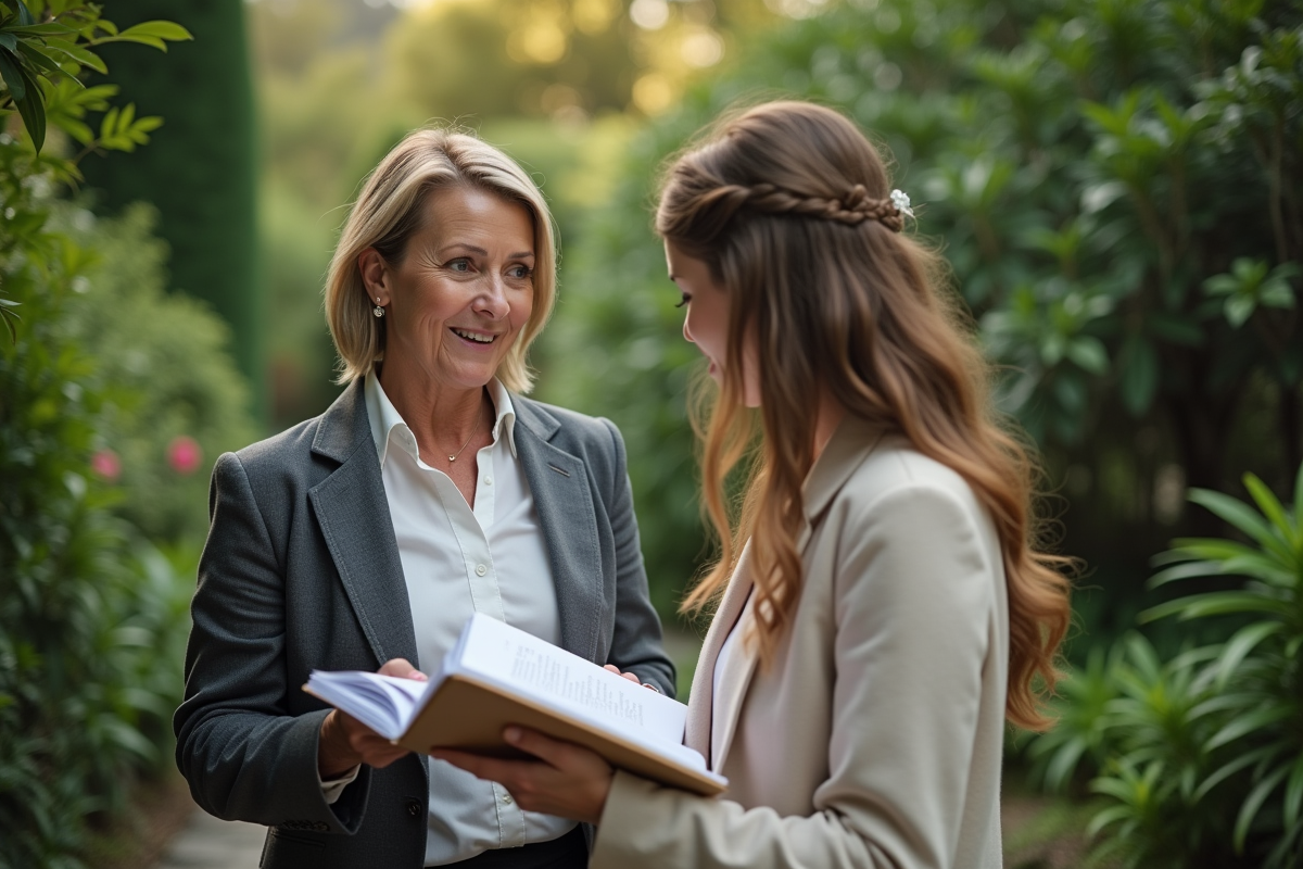 Femme organisatrice de mariage discutant en jardin botanique