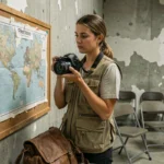Femme photographe de guerre étudiant une carte dans une salle de briefing militaire austère