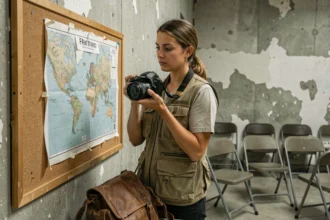 Femme photographe de guerre étudiant une carte dans une salle de briefing militaire austère