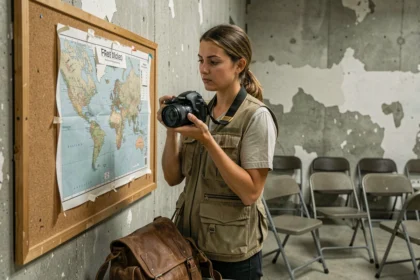 Femme photographe de guerre étudiant une carte dans une salle de briefing militaire austère