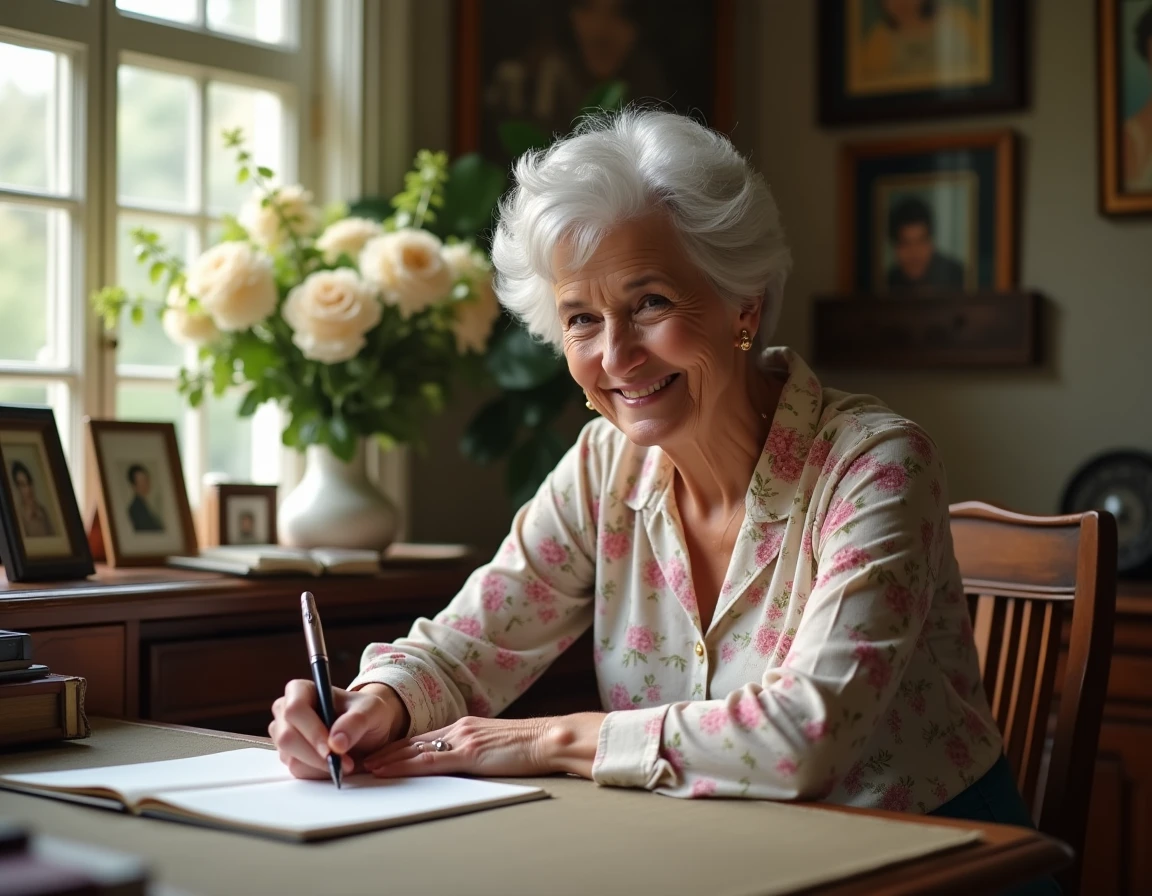 Femme élégante d'âge mûr rédigeant avec tendresse et humour un texte de félicitations mariage manuscrit à son bureau