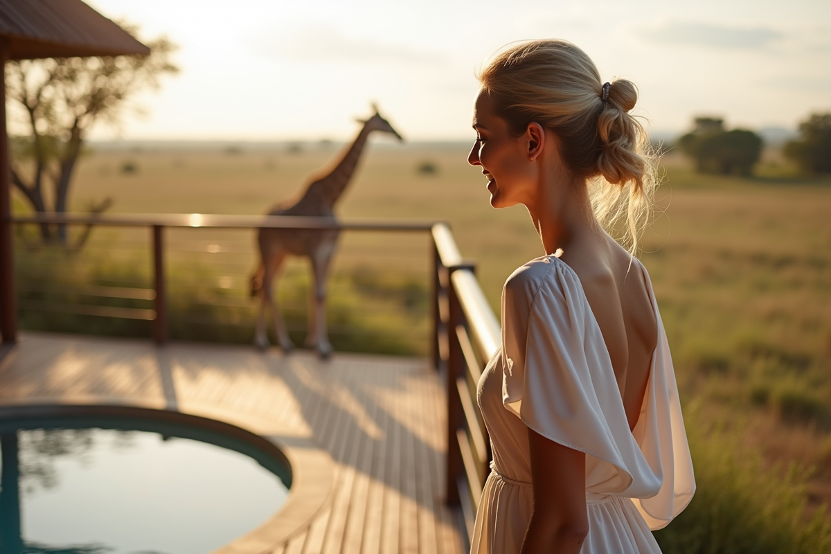 Femme mariée admirant une girafe en safari