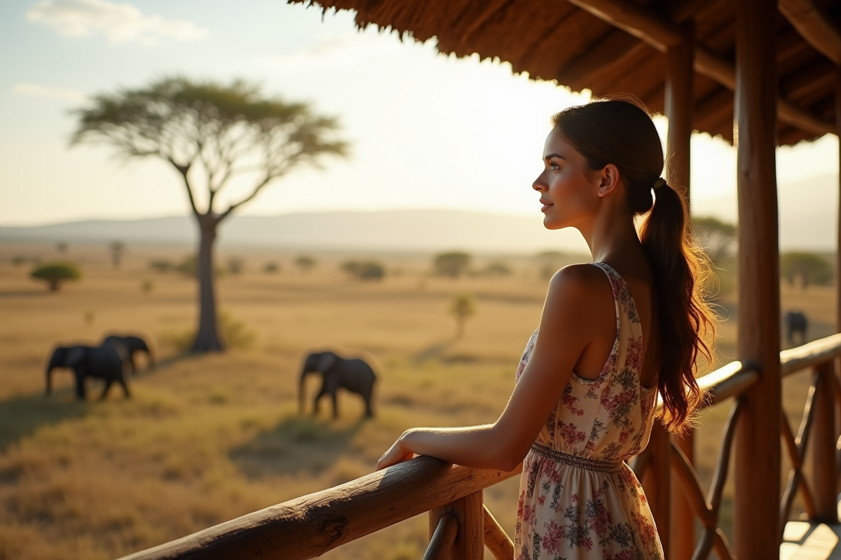 Femme contemplant la savane depuis un lodge