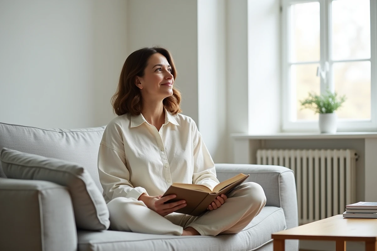 Femme lisant seule chez elle dans un salon minimaliste, incarnant le choix de garder sa vie personnelle intime