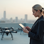 Femme professionnelle avec tablette et drones en ville