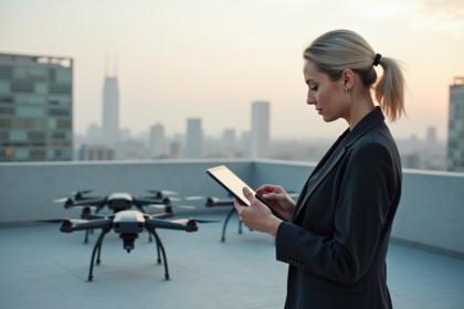 Femme professionnelle avec tablette et drones en ville