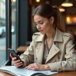 Femme en trench beige dans un café parisien contemplant son smartphone