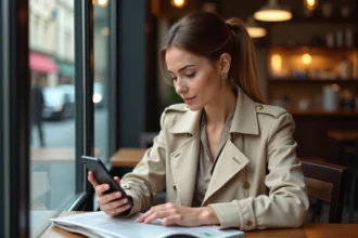 Femme en trench beige dans un café parisien contemplant son smartphone