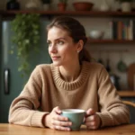 Femme souriante et sereine savourant un café chez elle, illustrant la préservation de la vie privée