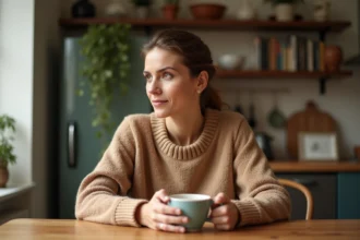 Femme souriante et sereine savourant un café chez elle, illustrant la préservation de la vie privée