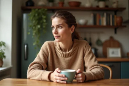 Femme souriante et sereine savourant un café chez elle, illustrant la préservation de la vie privée