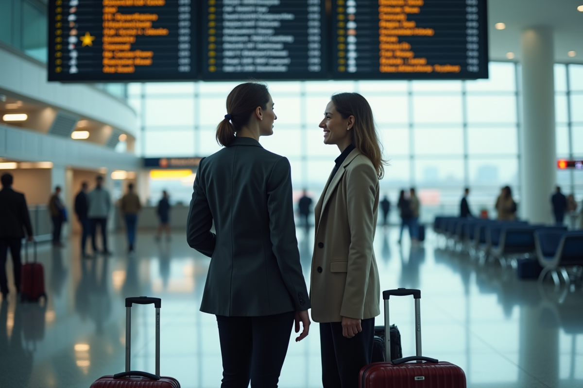 Deux femmes regardant le tableau des départs à l