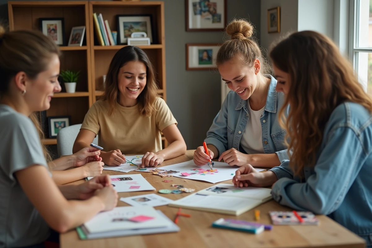 Femmes créant un scrapbook dans un appartement chaleureux